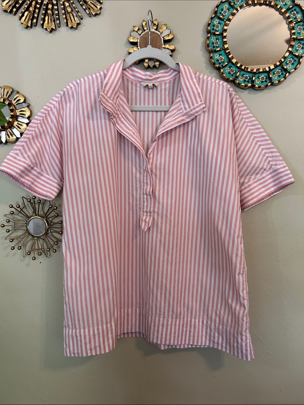 Ann Mashburn Pink and White Striped Popover Short Sleeve Tunic Top Small